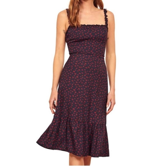 REFORMATION Virgil Dress Navy/Red Floral Print Ruffle Strap GRANADA Crepe Midi - Picture 5 of 16